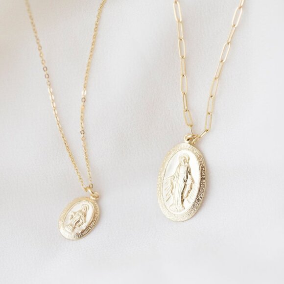 14K Solid Gold Virgin Mary Necklace - Miraculous Medal - Picture 1 of 4